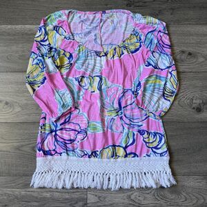 Lilly Pulitzer Women’s Cotton Fringe Hem Pink Floral Shell Print Top‎ Size Small